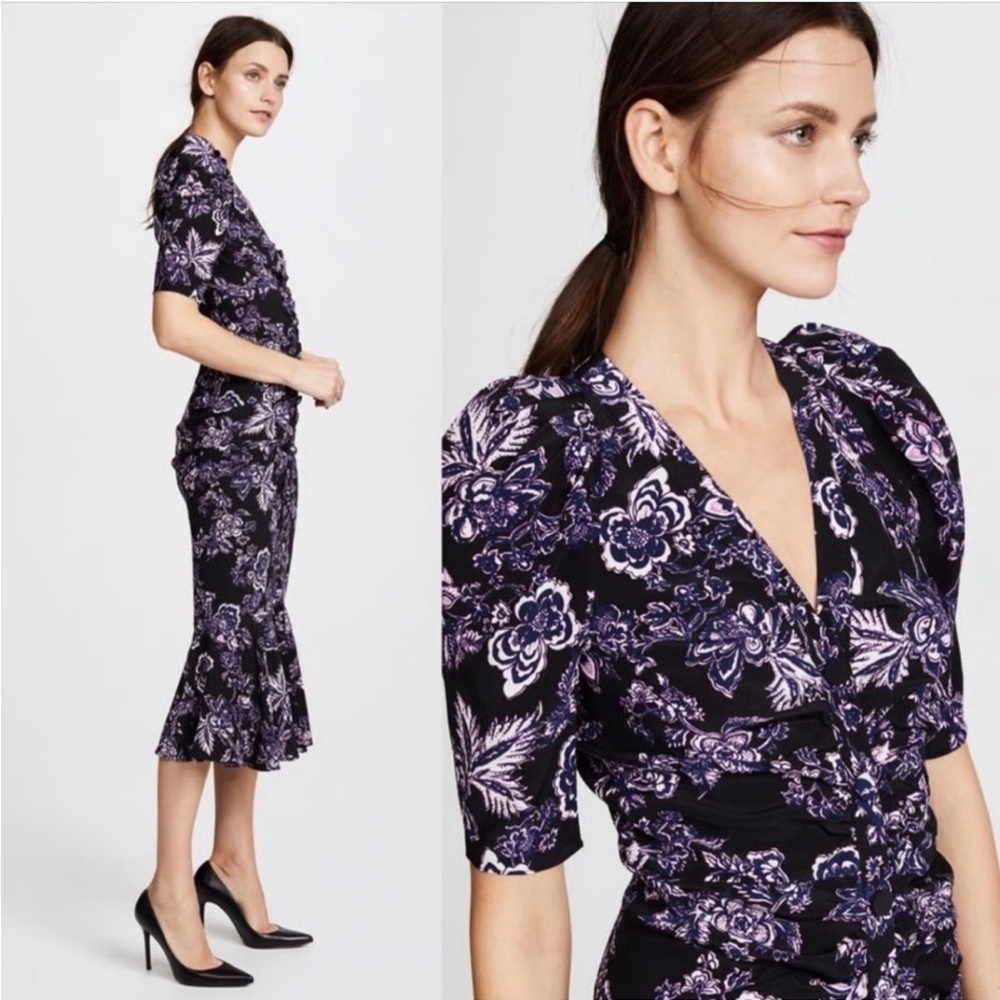 Veronica Beard Kent 100% Silk Midi Dress in Black Isla Floral Size 0